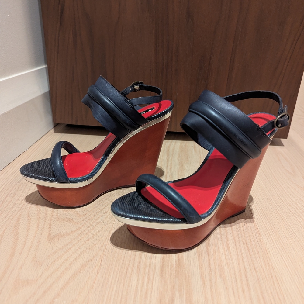 Charles Jourdan Black and Red Wedge Sandals